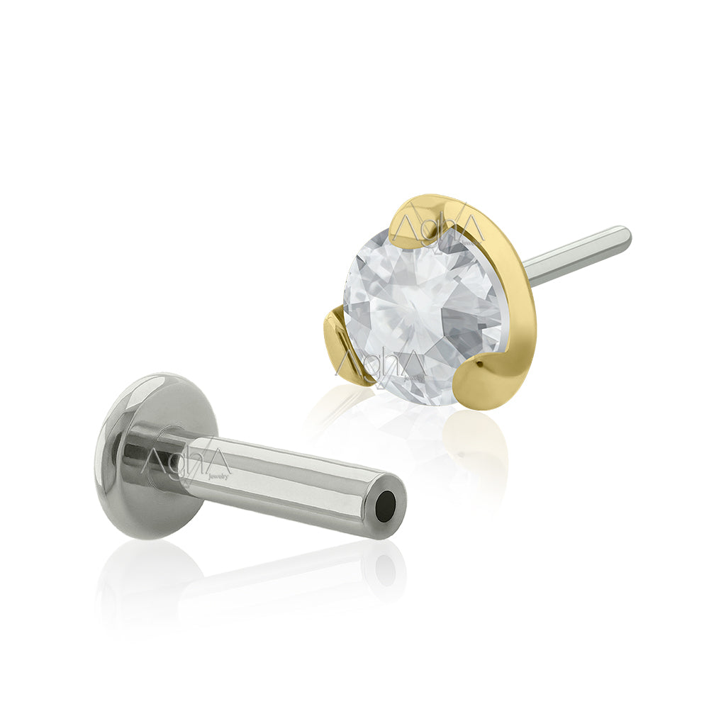 20g Plated Gold Titanium Threadless Labret with Prong Setting, Clear C ...
