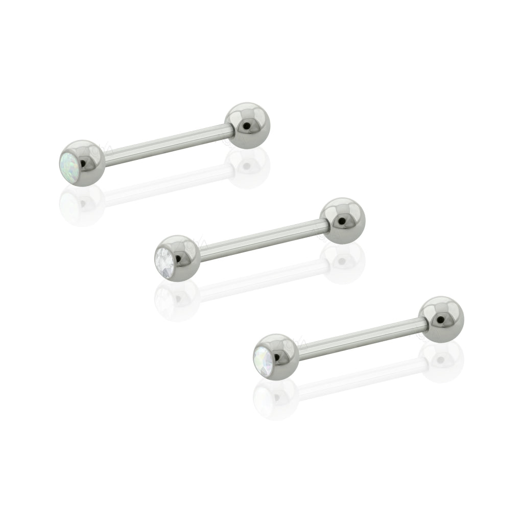 14g Implant Grade Titanium, Internally Threaded Straight Barbells with ball Bezel-set Opal & Cubic Zirconia// Nipple Barbells