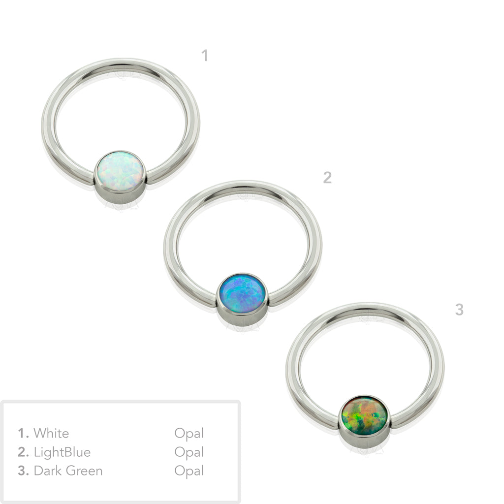 18g -16g, Niobium, Captive Bead Ring Side Facing Opal, Bezel Set