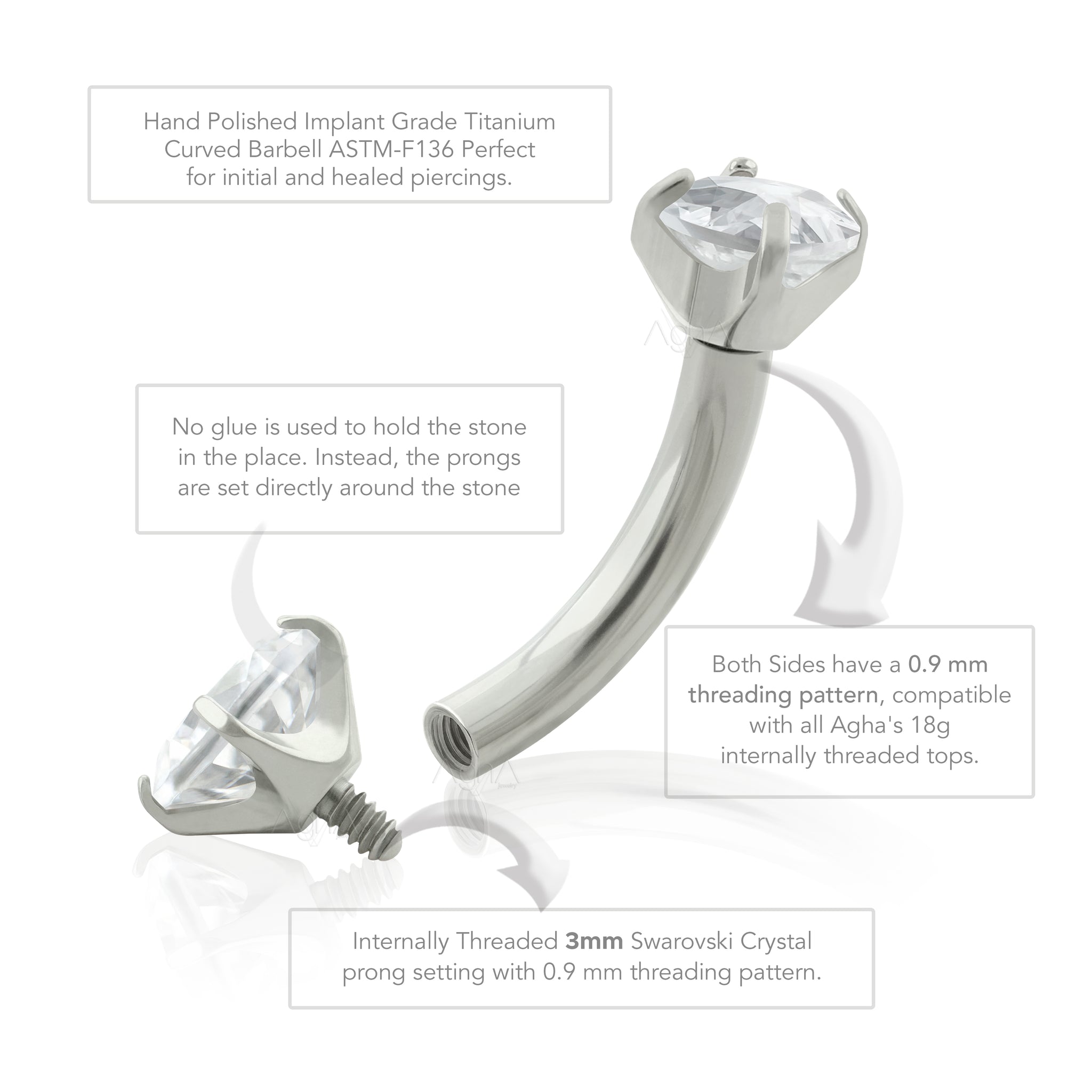 Implant Grade Titanium Internally Threaded Double White Gem Curved Barbell Implant Grade Titanium Internally Threaded Double White Gem Curved Barbell