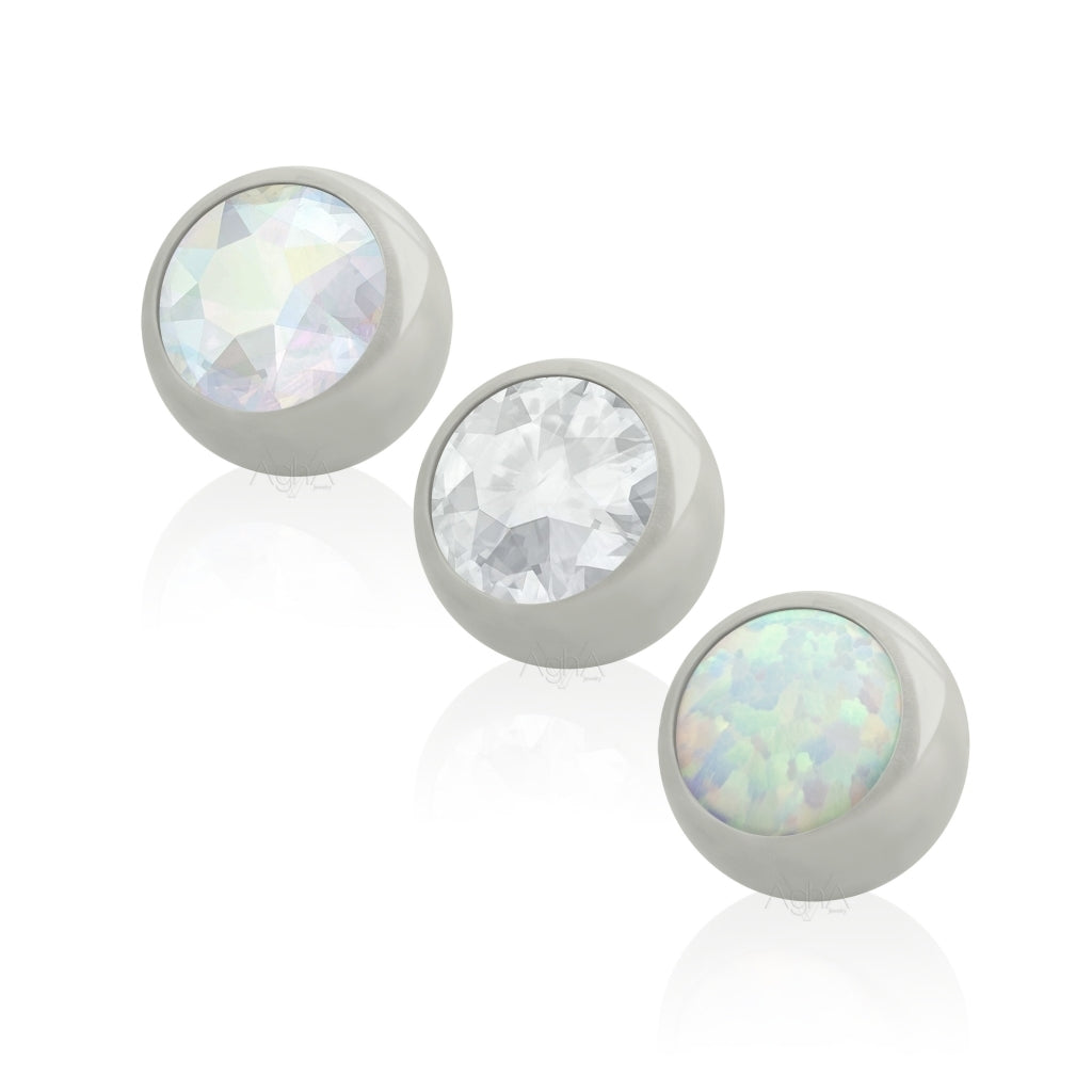 14g, Titanium ASTM F136, Internally Threaded Ball Bezel Setting, Cubic Zirconia or Opal (ONLY TOP)//Dermal top, earlobe ring.