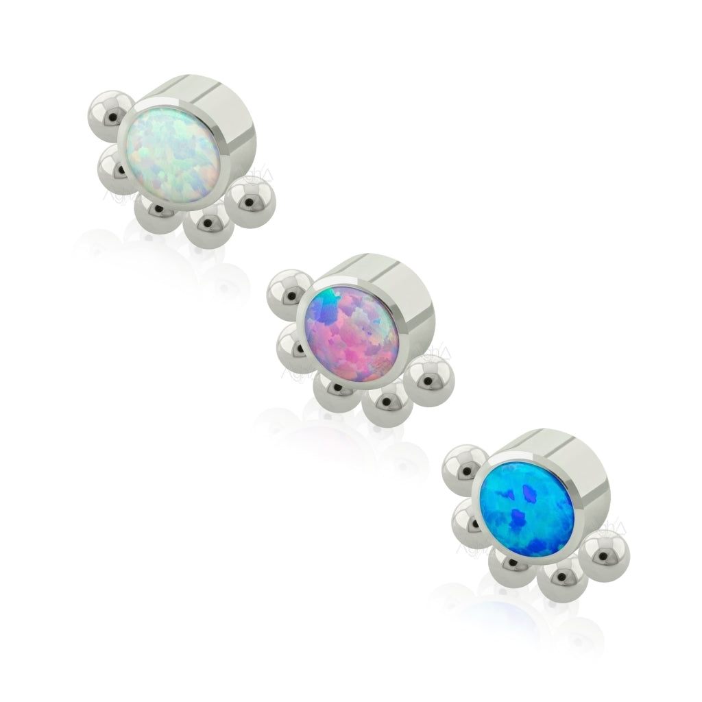 14g Titanium ASTM F136, Internally Threaded Queen Dermal Top (Top Only), Bezel Set, Opal //Dermal Top, Inner conch top