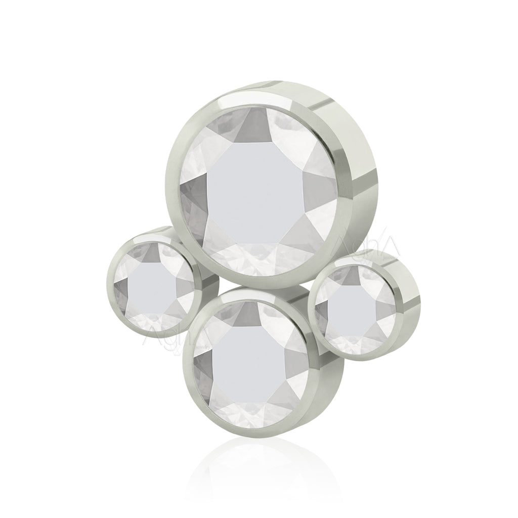 14g Titanium ASTM F136, Internally Threaded Four Cluster Dermal Top (Top Only), Bezel Set, Flat gem //Dermal Top, Inner conch top